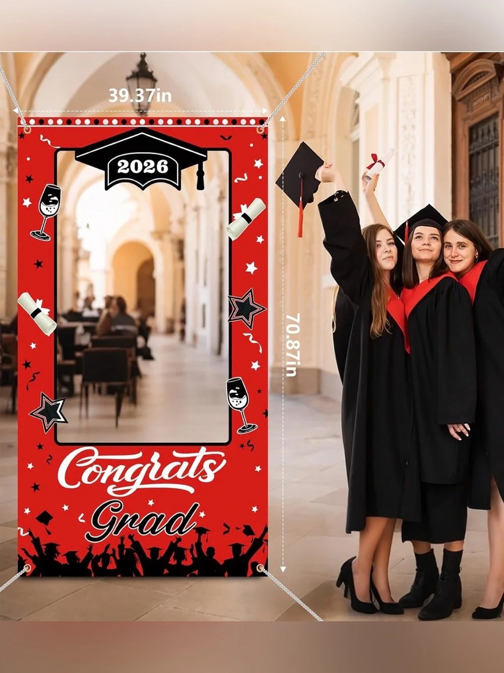 Congrats Grad 2026 Red & Black Graduation Photo Frame Backdrop